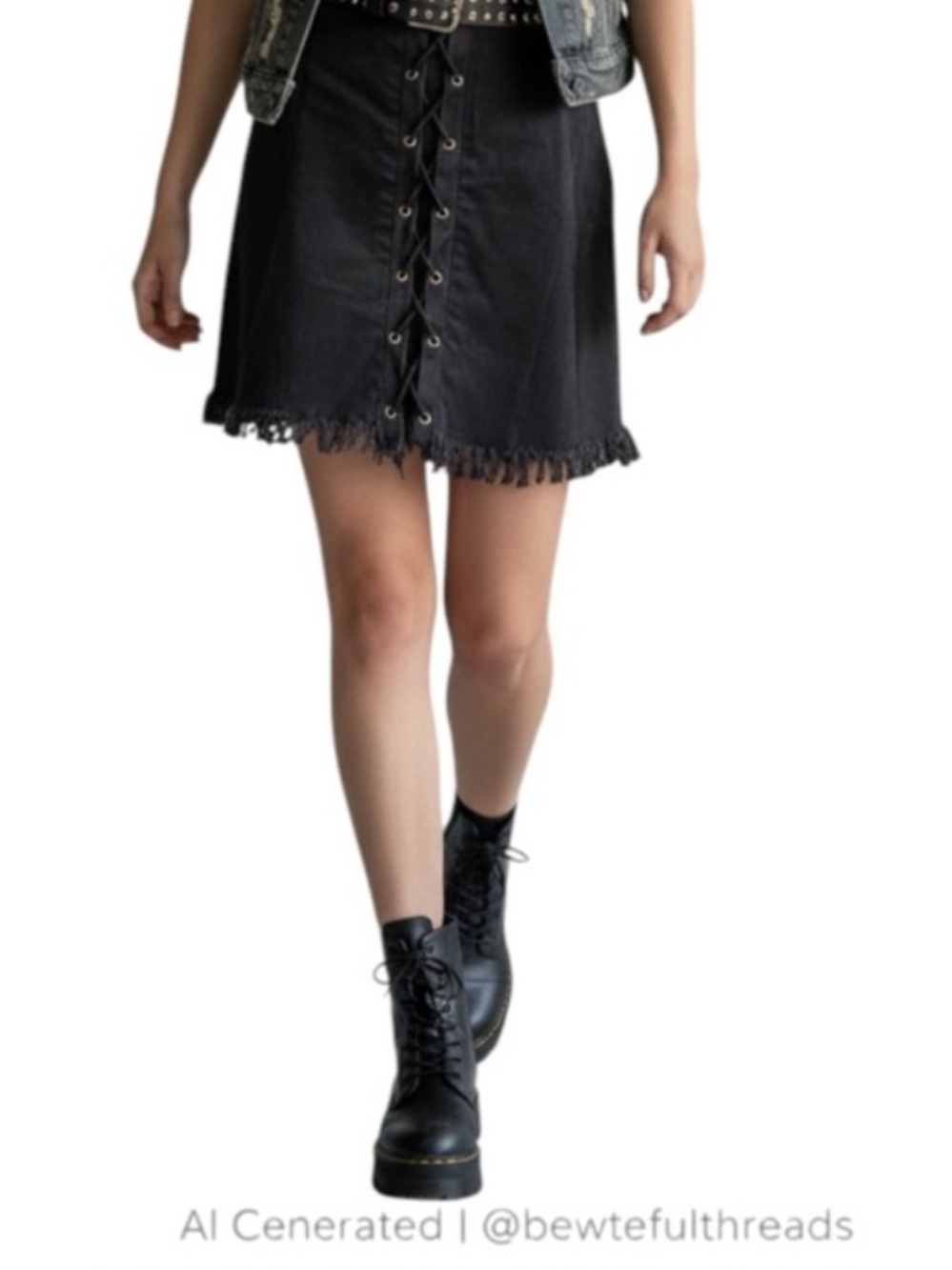 Goth Lace Up Mini Skirt Black Fringe Hem Grunge Festival Y2K